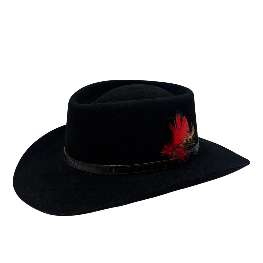 Vintage Dobbs Charleston Hat Mens 7 1/4 Black Wool Felt Red Feather Band USA